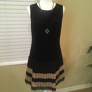 LOFT Black Sleeveless Midi Dress with Beige Pleated Hem
